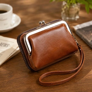 Vintage PU Leather Kiss Lock Wallet, Zip Around Card Holder, Wristlet Clutch