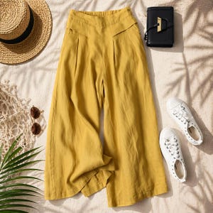 Sommer Baumwoll-Leinen Culottes : Weites Bein, Elastische Taille Palazzo Hose mit Taschen