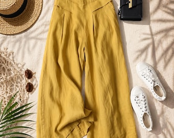 Pantaloni culotte estivi in cotone e lino: pantaloni palazzo a gamba larga con elastico in vita e tasche.