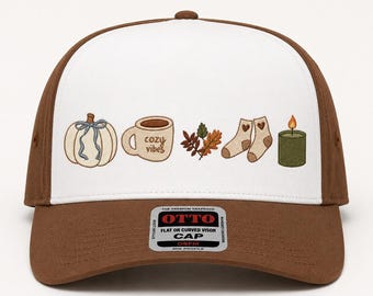 Cosy Vibes geborduurde hoed, pet met herfstpictogrammen, esthetiek herfstsnapback, pompoenkoffie knusse seizoenshoed, schattige herfst