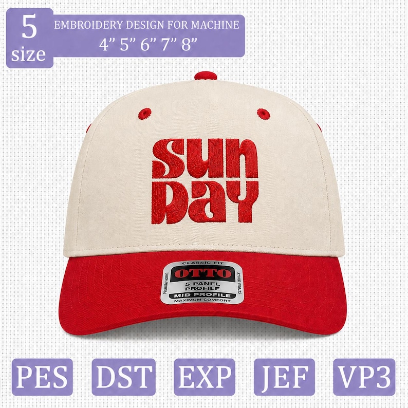 Pode incluir: Um bon&eacute; de beisebol na cor creme com aba vermelha e a palavra SUN DAY bordada em vermelho na frente. O bon&eacute; apresenta um adesivo na aba com o texto OTTO CLASSIC FIT 5 PANEL PROFILE MID PROFILE MAXIMUM COMFORT em letras pretas e brancas.