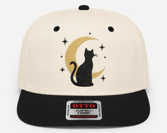Desenho de bordado de gato preto na lua, gato bruxa celestial, design de chapéu assustadoramente fofo, arquivo de bordado à máquina PES DST para download.