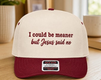 Design de bordado "Eu poderia ser mais cruel, mas Jesus disse não", engraçado, cristão, design para boné com tema de fé, arquivo de bordado à máquina PES DST para download.