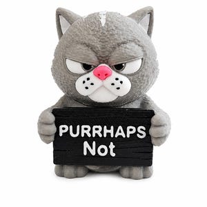 May include: A gray cat figurine with a textured surface, a pink nose, and white muzzle markings. The cat has a grumpy expression and holds a black rectangular sign with white text that reads "PURRHAPS Not" in a bold, sans-serif font.