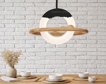 Sun Moon Wooden Pendant Light LED Dimmable Kitchen Island Dining Hanging Lamp