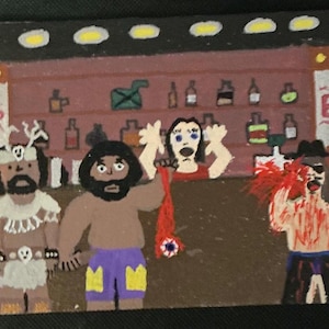 May include: A rectangular canvas painting depicts a bar scene with four figures. One figure wears a white horned headdress, another holds a red object with an eye, and a third is covered in red paint. The background shows shelves of bottles and signs reading BAR.