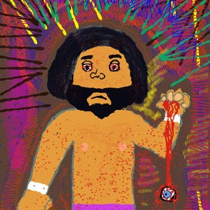 Puede incluir: Una ilustración digital de una figura barbuda con cabello oscuro, que viste pantalones cortos morados con detalles amarillos y muñequeras blancas. La figura sostiene un globo ocular inyectado en sangre por un cordón rojo sobre un fondo marrón con garabatos coloridos.