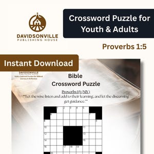 Può includere: Un cruciverba biblico per giovani e adulti. Il puzzle presenta una griglia con indizi numerati e il testo "Proverbi 1:5". Il logo di Davidsonville Publishing House è visibile in alto a sinistra. Sono presenti anche le parole "Download istantaneo".