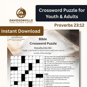 Op de afbeelding: Een Bijbelkruiswoordpuzzel voor jongeren en volwassenen, uitgegeven door Davidsonville Publishing House. De puzzel bevat aanwijzingen en antwoorden met betrekking tot bijbelverzen, waaronder Spreuken 23:12. De afbeelding bevat de tekst "Direct downloaden".