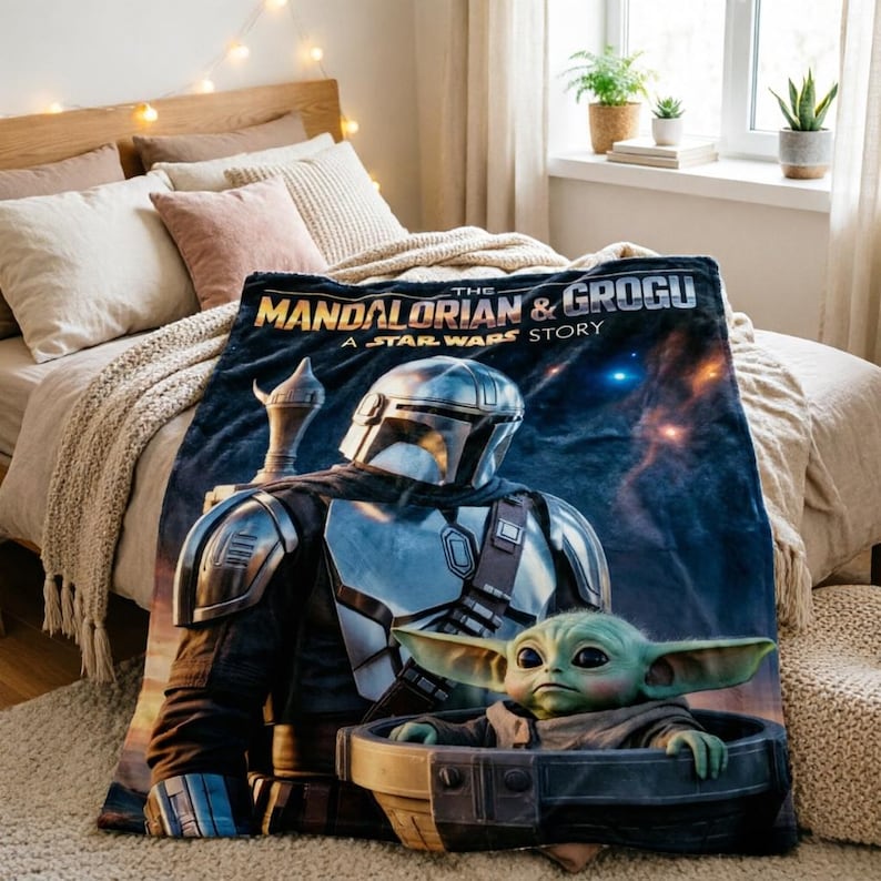 May include: A navy blue blanket featuring characters from "The Mandalorian & Grogu: A Star Wars Story." The blanket shows the Mandalorian in silver armour and Grogu in a floating pram. The blanket is draped over a bed with pillows.