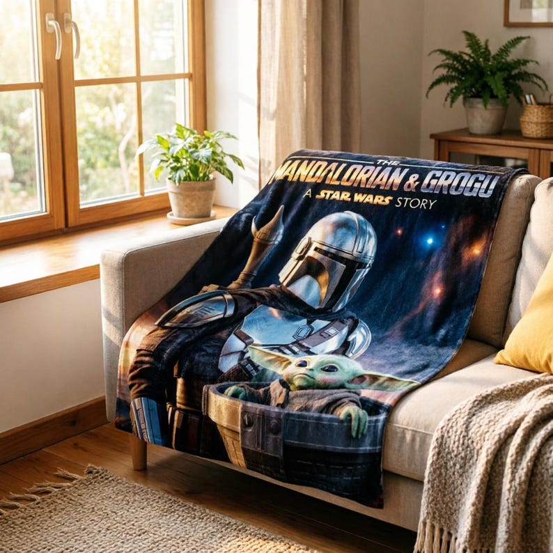 May include: A navy blue blanket featuring the Mandalorian and Grogu from "The Mandalorian: A Star Wars Story." The blanket displays the characters in a space scene with the text "The Mandalorian & Grogu" in white.