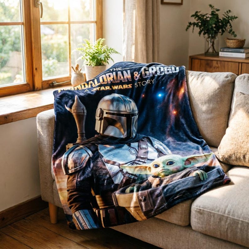 May include: A navy blue fleece blanket featuring The Mandalorian and Grogu from Star Wars. The blanket displays the characters in a detailed graphic, with the text "THE MANDALORIAN & GROGU STAR WARS STORY" across the top.