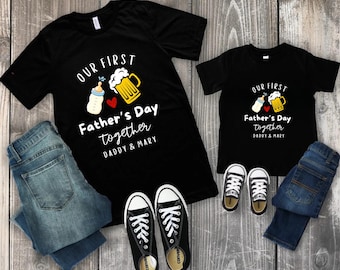 Custom Our First Father's Day Together Shirts, Daddy and Baby Matching Outfit, Beer Milk Bottle 1st Fathers Day, Daddy And Children T-Shirt