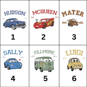 six cartoon cars, each with a different name and year, along with the names of the cartoon creators.
