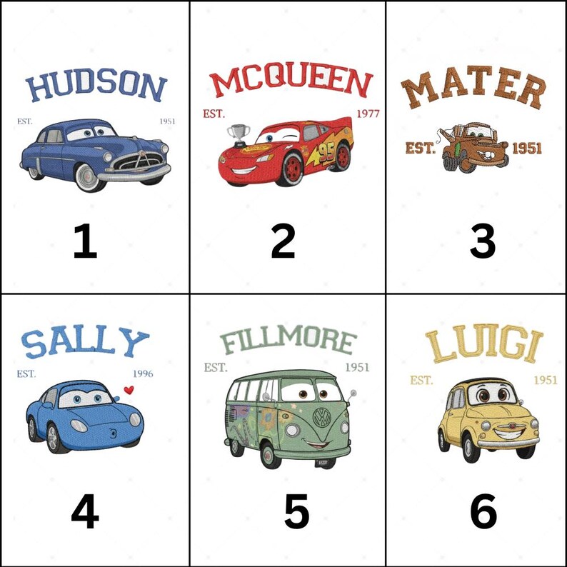 six cartoon cars, each with a different name and year, along with the names of the cartoon creators.