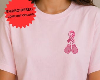 Breast Cancer Awareness Shirt, Embroidered Pink Ribbon Boxing Gloves Tee, Fighter Warrior Gift Apparel