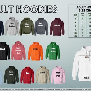 a collection of adult hoodies in various colors and sizes, along with a size chart for selecting the appropriate size.