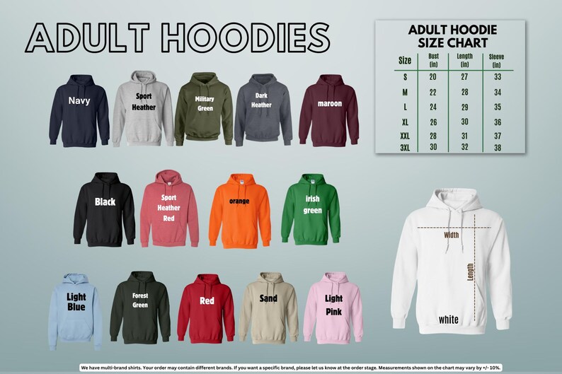 a collection of adult hoodies in various colors and sizes, along with a size chart for selecting the appropriate size.
