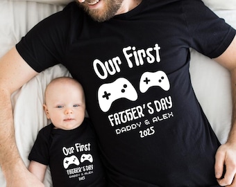 First Father's Day 2025 Gaming Buddies Personalized Matching Shirt, Our First Father's Day Baby Bodysuit, Our 1st Father's Day Together Tee