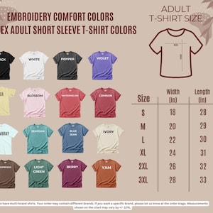 a collection of t-shirt colors and sizes, including adult short sleeve t-shirts in various styles and designs.