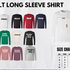 a collection of adult long sleeve shirts in various colors and sizes, along with a size chart that provides measurements for each shirt.