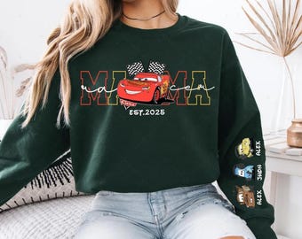 Custom Mama Sweatshirt with Kids Names on Sleeve, Personalized Cars Movie Lightning McQueen Mom Crewneck
