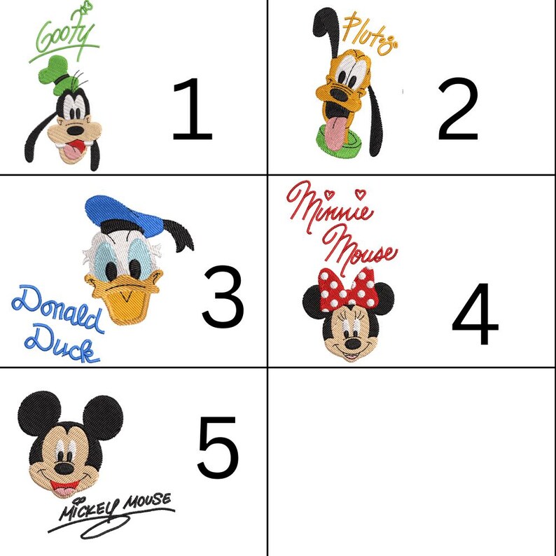 six different cartoon character designs, including Goofy, Pluto, Minnie Mouse, Donald Duck, Mickey Mouse, and Minnie Mouse. Each character has a unique design and is accompanied by a number, indicating their position in a grid or collage.