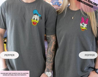 Embroidered Disney Couple Shirt, Donald Duck And Daisy Matching Tees For Vacation, Cartoon Character Embroidery Apparel Gift