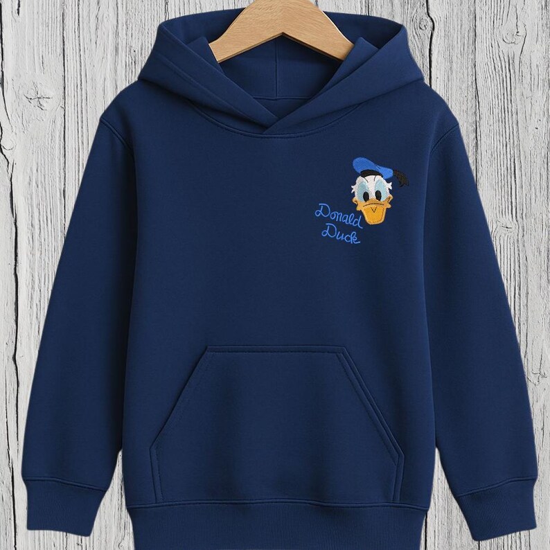 A navy blue hoodie with a cartoon image of Donald Duck and the text "Donald Duck" printed on the front.