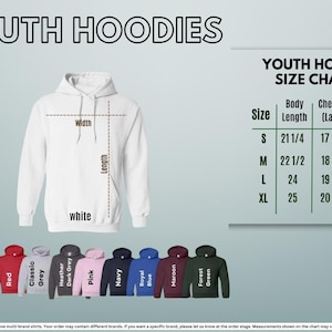 The image is a youth hoodie size chart, which includes a white hoodie with measurements and a variety of different colored hoodies.