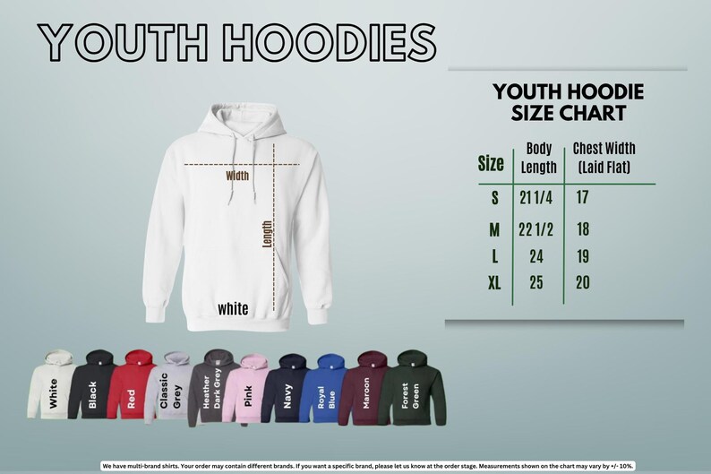 The image is a youth hoodie size chart, which includes a white hoodie with measurements and a variety of different colored hoodies.