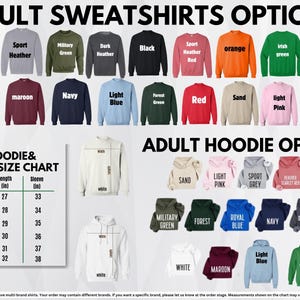 a variety of adult sweatshirts and hoodies in different colors and sizes, along with a chart that provides size information for each item.