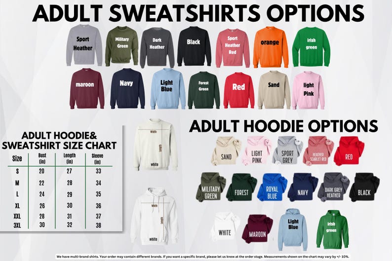 a variety of adult sweatshirts and hoodies in different colors and sizes, along with a chart that provides size information for each item.