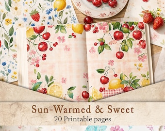 Cherry Lemon Junk Journal Paper | Watercolor Fruit Digital Paper Pack, Summer Cottagecore Scrapbook Printable