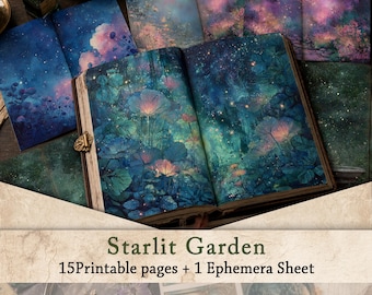 Celestial Junk Journal Kit | Moon Star Night Sky Scrapbook, Moonlit Garden Ephemera Pages