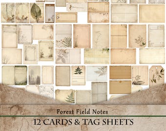 Forest Field Notes Cards & Tags, Vintage Junk Journal Ephemera | Botanical Herbarium Printable, Woodland Kit