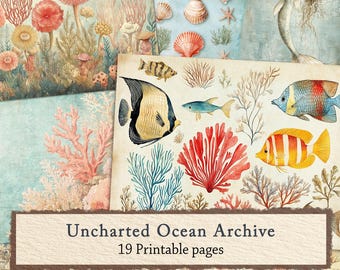 Vintage Ocean Junk Journal Paper | Coral Mermaid Coastal Scrapbook Kit, Printable Seashell Nautical Ephemera