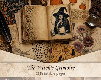 Witch Junk Journal Paper, Vintage Dark Academia Grimoire | Gothic Black Cat Pumpkin Halloween Scrapbook