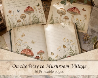 Mushroom Junk Journal Paper | Vintage Woodland Toadstool Cottagecore Background, Printable Forest Scrapbook Digital Pack