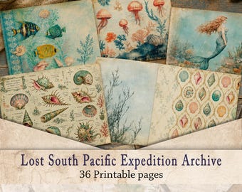 Ocean Junk Journal Paper | Vintage Nautical Sea Life Scrapbook, Coastal Botanical Background, Printable Collage