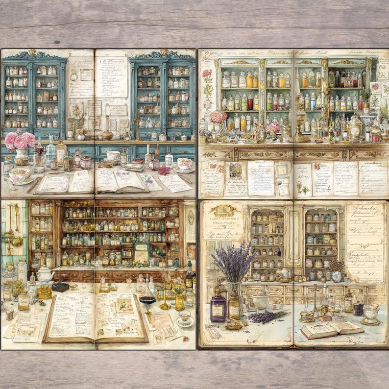 Antique Apothecary Junk Journal Pages | Vintage Pharmacy Watercolor ...