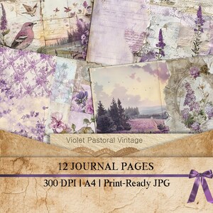 Könnte beinhalten: Eine Sammlung von 12 Journalseiten mit einem violetten Pastoral-Vintage-Thema. Die Seiten zeigen Illustrationen von Vögeln, Blumen und Landschaften in Lila- und Beigetönen. Der Text "Violet Pastoral Vintage" und "12 JOURNAL PAGES" ist sichtbar.