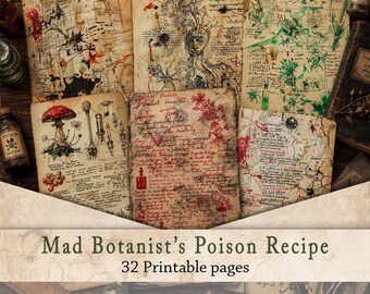 Dark Academia Junk Journal Paper | Mad Botanist Poison Recipe Pages, Witchy Apothecary Grimoire Scrapbook