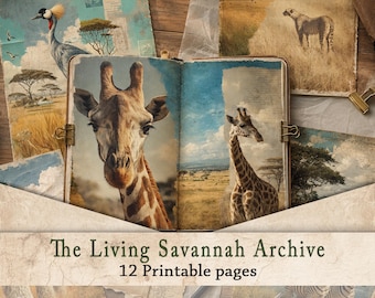 African Wildlife Junk Journal Paper | Safari Animal Portrait, Savannah Collage, Vintage Printable