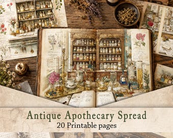 Antique Apothecary Junk Journal Pages | Vintage Pharmacy Watercolor Spread, Botanical Illustration Printable