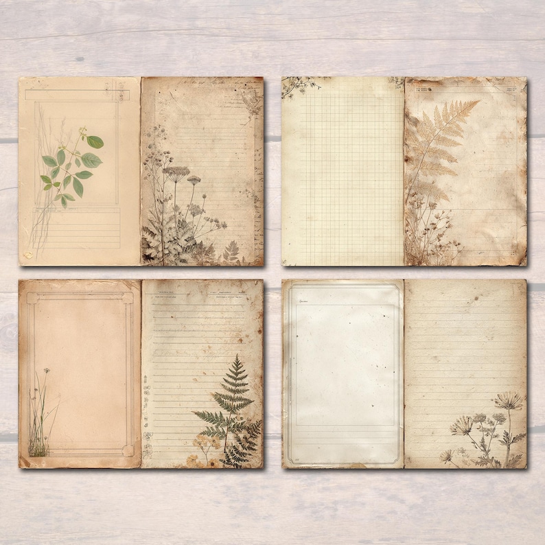 Vintage Botanical Junk Journal Pages | Forest Lined Writing Paper ...
