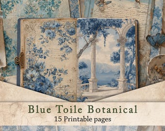 Toile de Jouy Junk Journal Paper | Blue Chinoiserie Damask, French Country Bluebird Ephemera, Delft