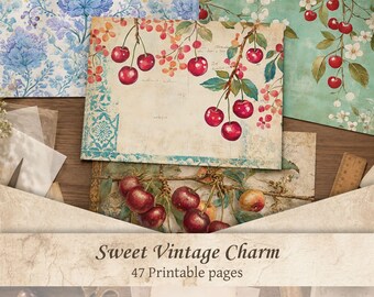 Cherry Junk Journal Papers | Vintage Citrus Ephemera, Summer Cottagecore Scrapbook Background, Printable Collage Sheets