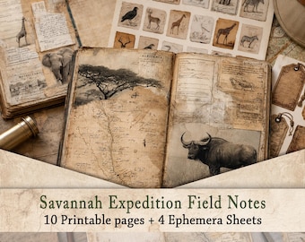 Vintage Safari Junk Journal Paper | Savannah Expedition Scrapbook, Printable African Explorer Field Notes Ephemera