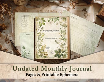 Botanical Undated Monthly Planner Printable, Calendar, Habit Tracker, Cottagecore Naturalist Pages